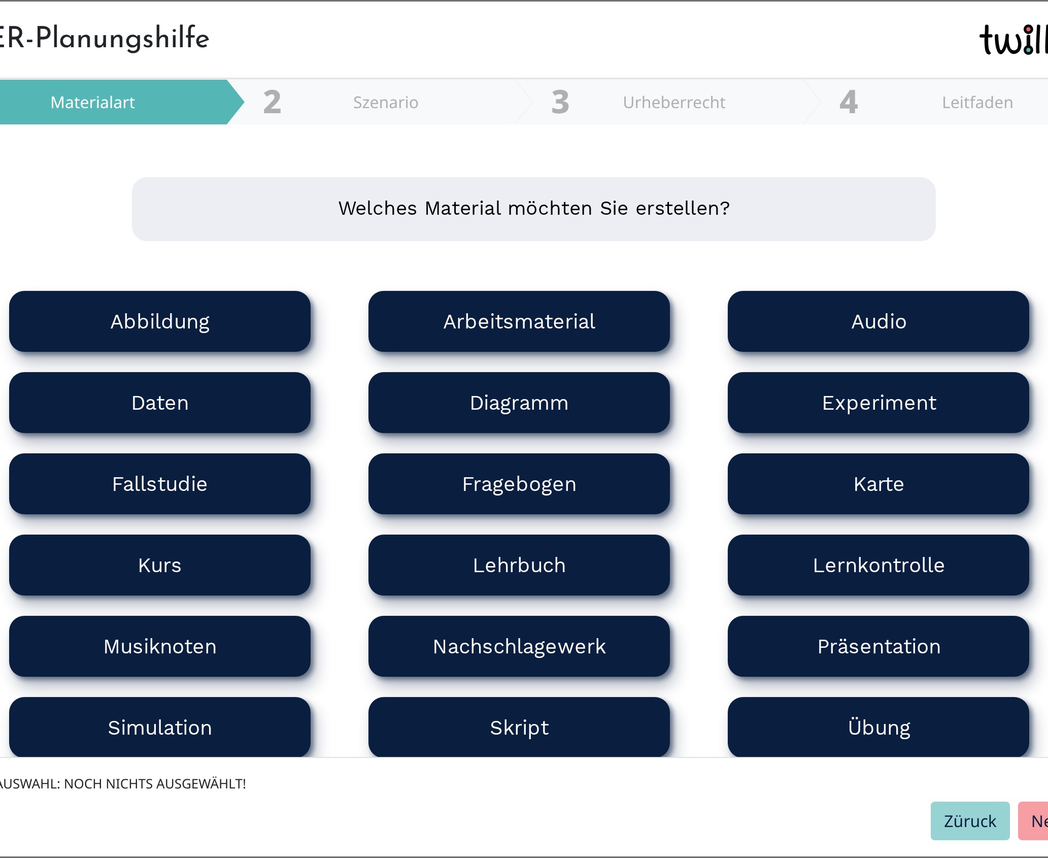 OER-Planungshilfe: Schritt 1 des Wizards mit Auswahl der Materialart